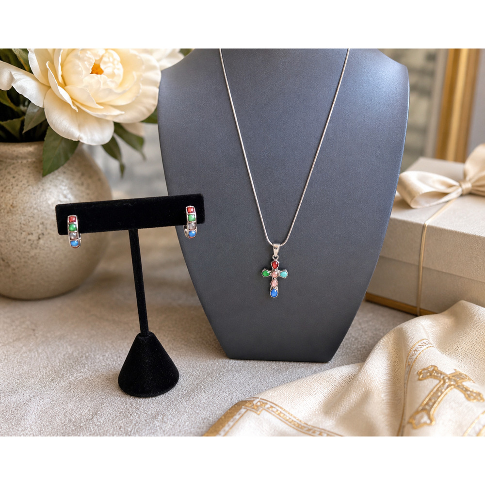 Sterling Silver 925 Thailand Multicolor Cross Pendant Necklace & Earrings Set